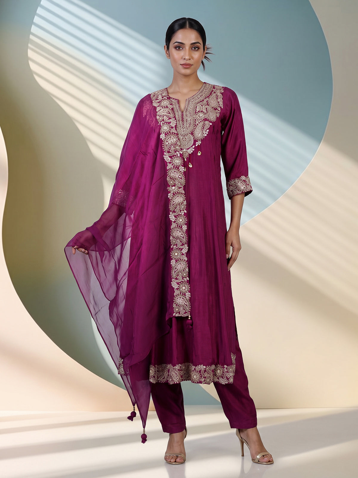 Magenta crepe silk anarkali pant suit with dupatta