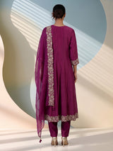 Magenta crepe silk anarkali pant suit with dupatta