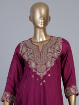 Magenta crepe silk anarkali pant suit with dupatta