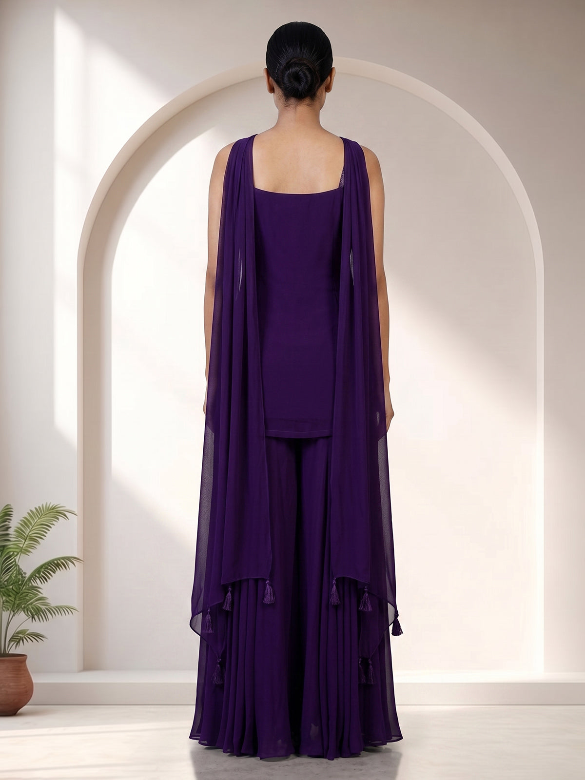 Violet georgette silk palazzo suit with choker dupatta