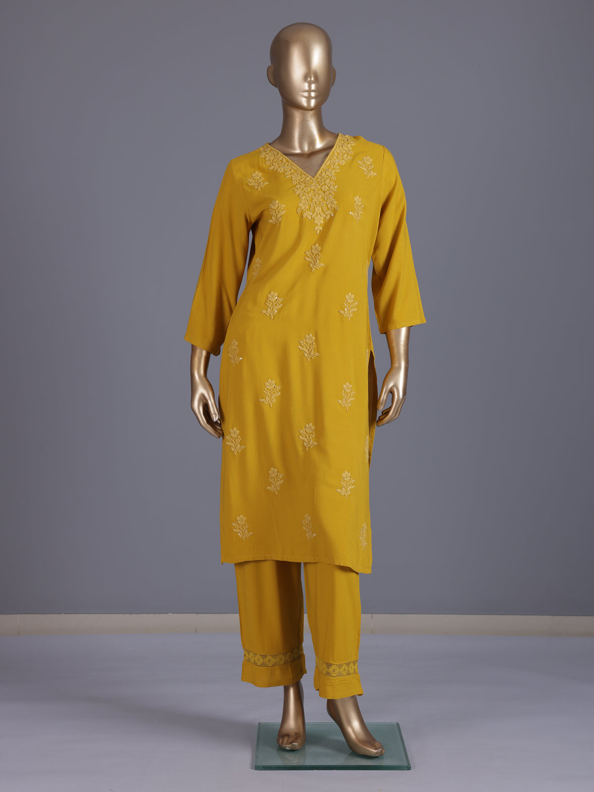 Mustard yellow embroidered cotton silk ethnic kurti set