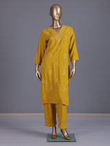 Mustard yellow embroidered cotton silk ethnic kurti set
