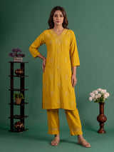 Mustard yellow embroidered cotton silk ethnic kurti set