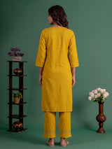 Mustard yellow embroidered cotton silk ethnic kurti set