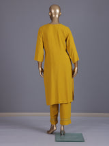 Mustard yellow embroidered cotton silk ethnic kurti set