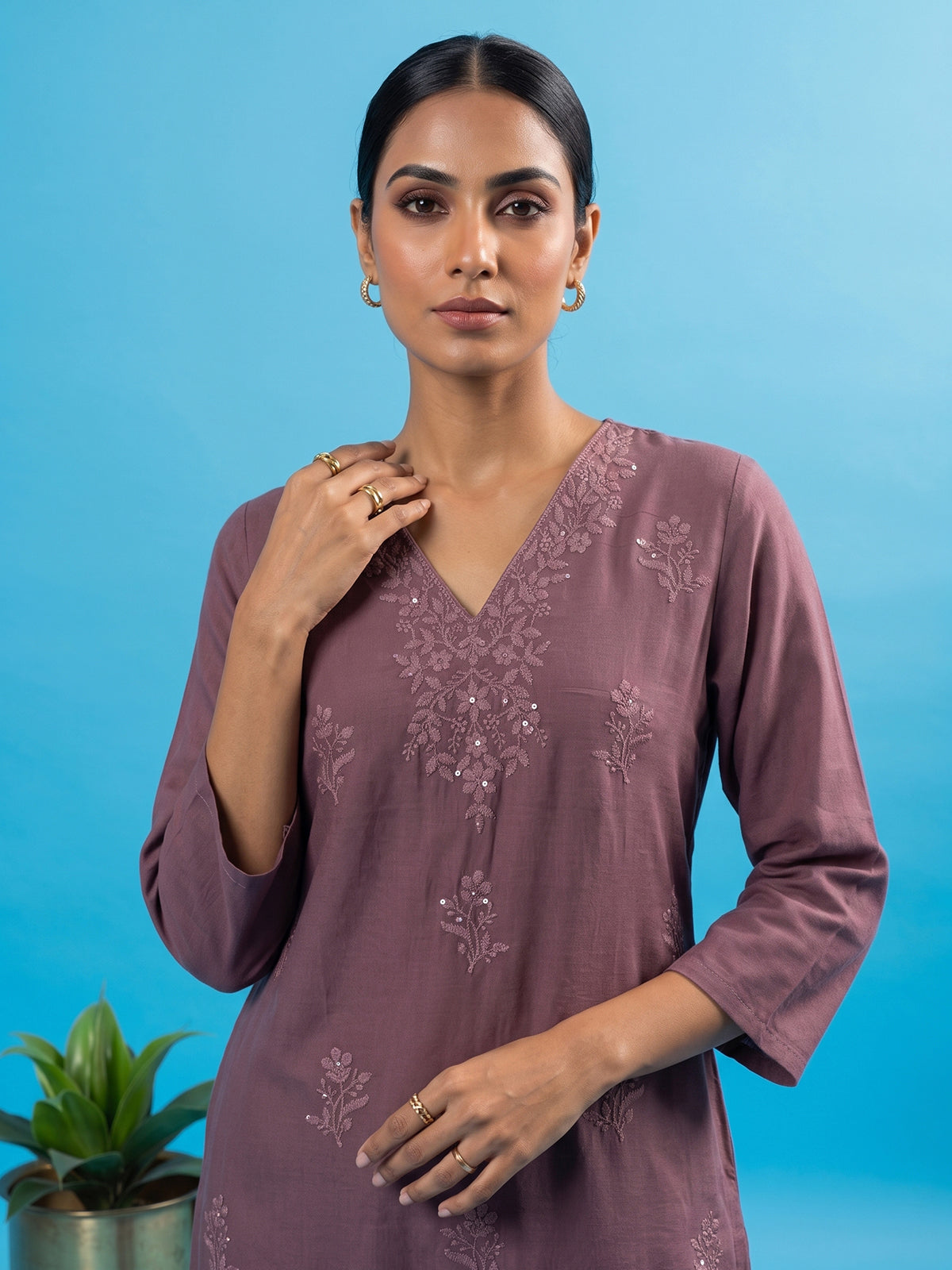 Brown embroidered cotton silk festive kurti set for women