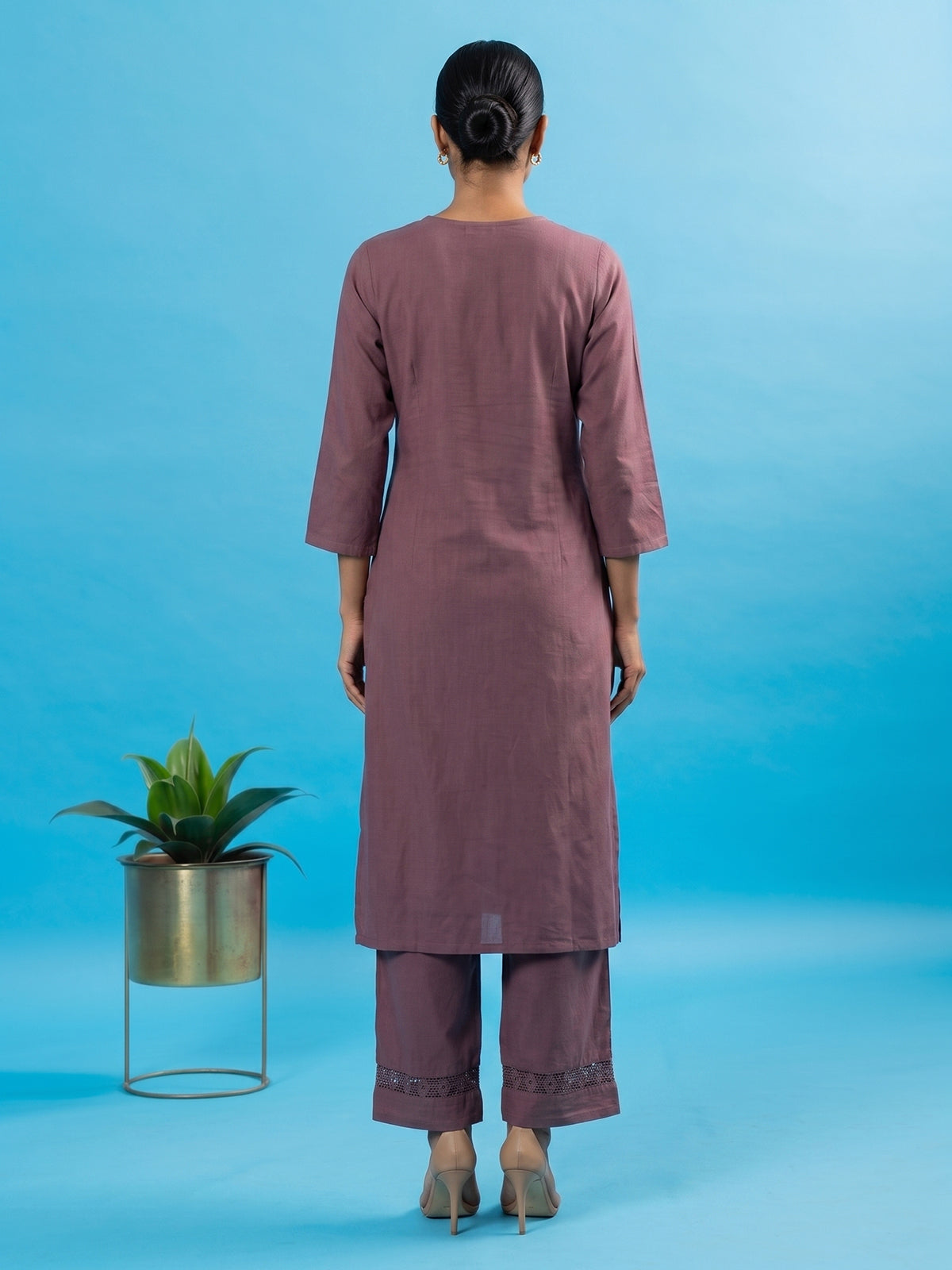 Brown embroidered cotton silk festive kurti set for women