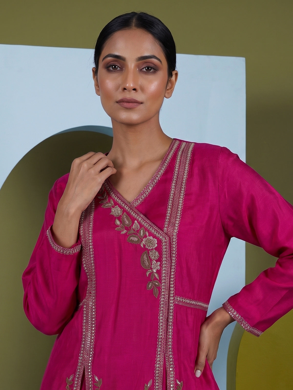 Rani pink embroidered chanderi silk palazzo suit ensemble
