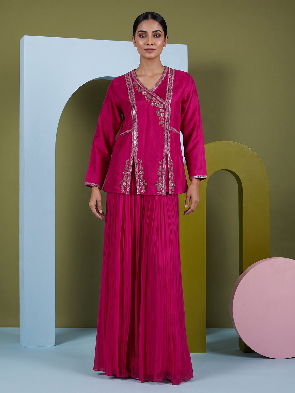 Rani pink embroidered chanderi silk palazzo suit ensemble