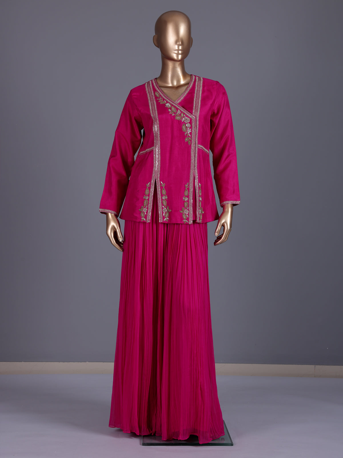 Rani pink embroidered chanderi silk palazzo suit ensemble