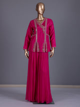 Rani pink embroidered chanderi silk palazzo suit ensemble