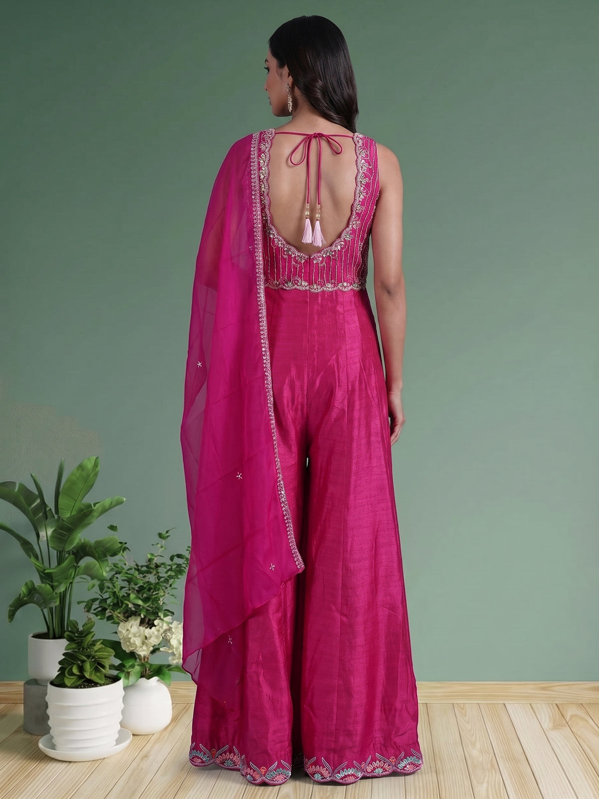 Rani pink embellished dupion silk designer salwar suit