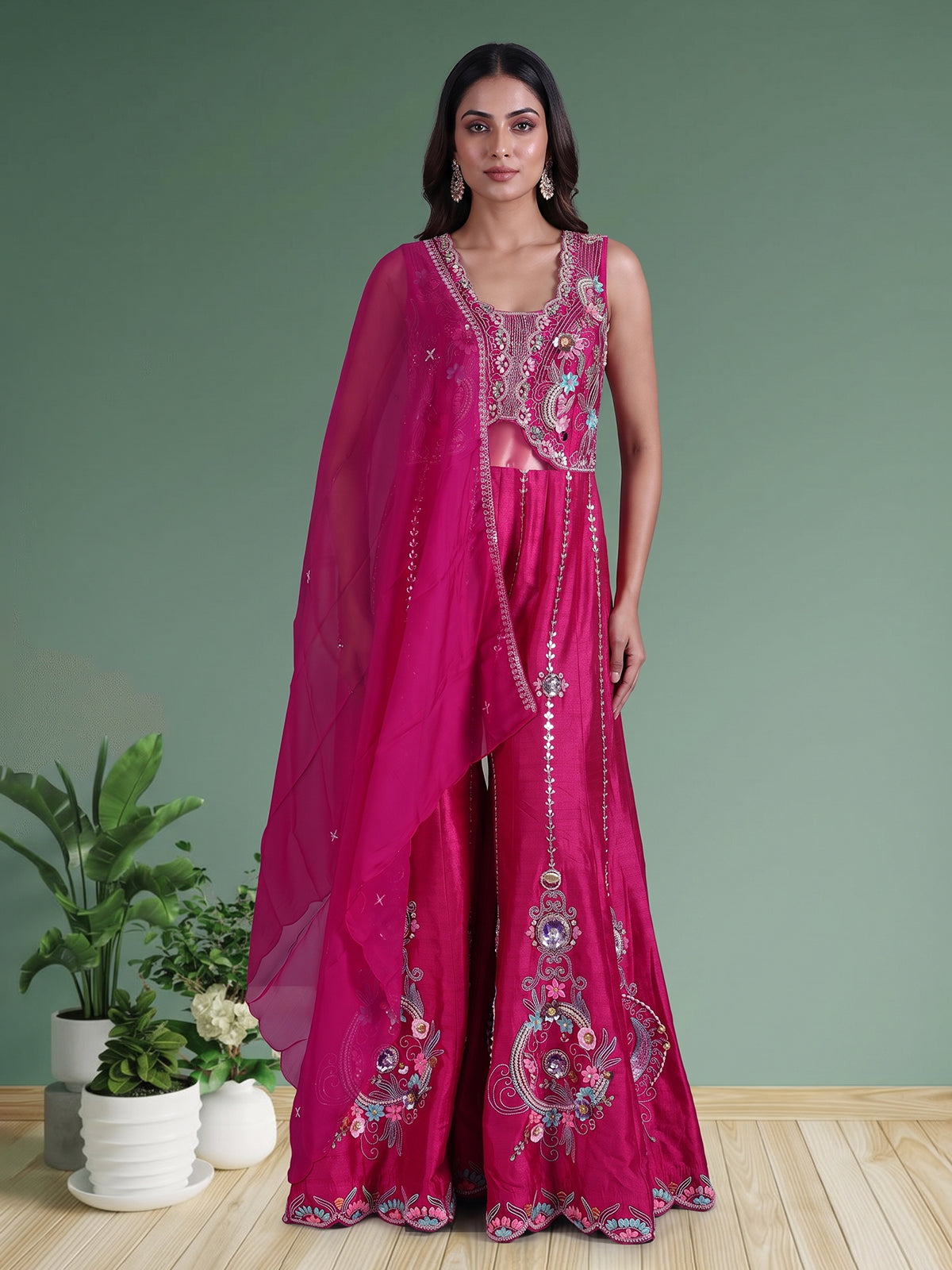 Rani pink embellished dupion silk designer salwar suit