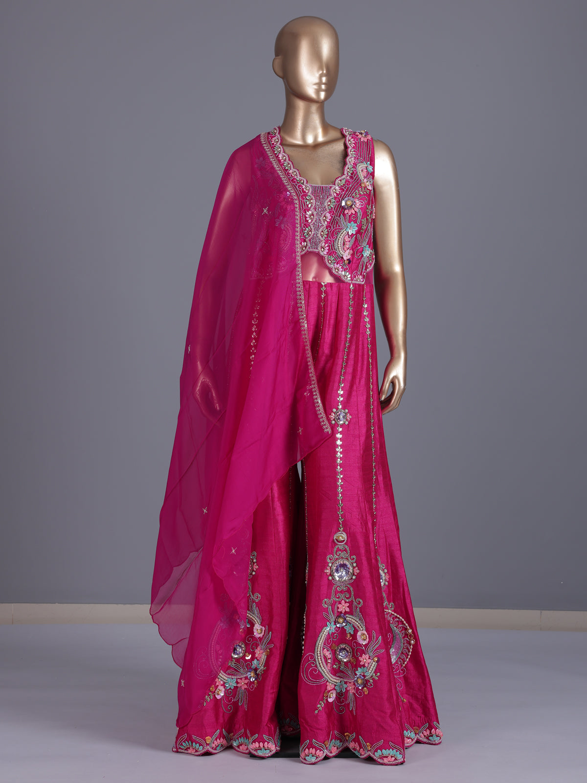 Rani pink embellished dupion silk designer salwar suit