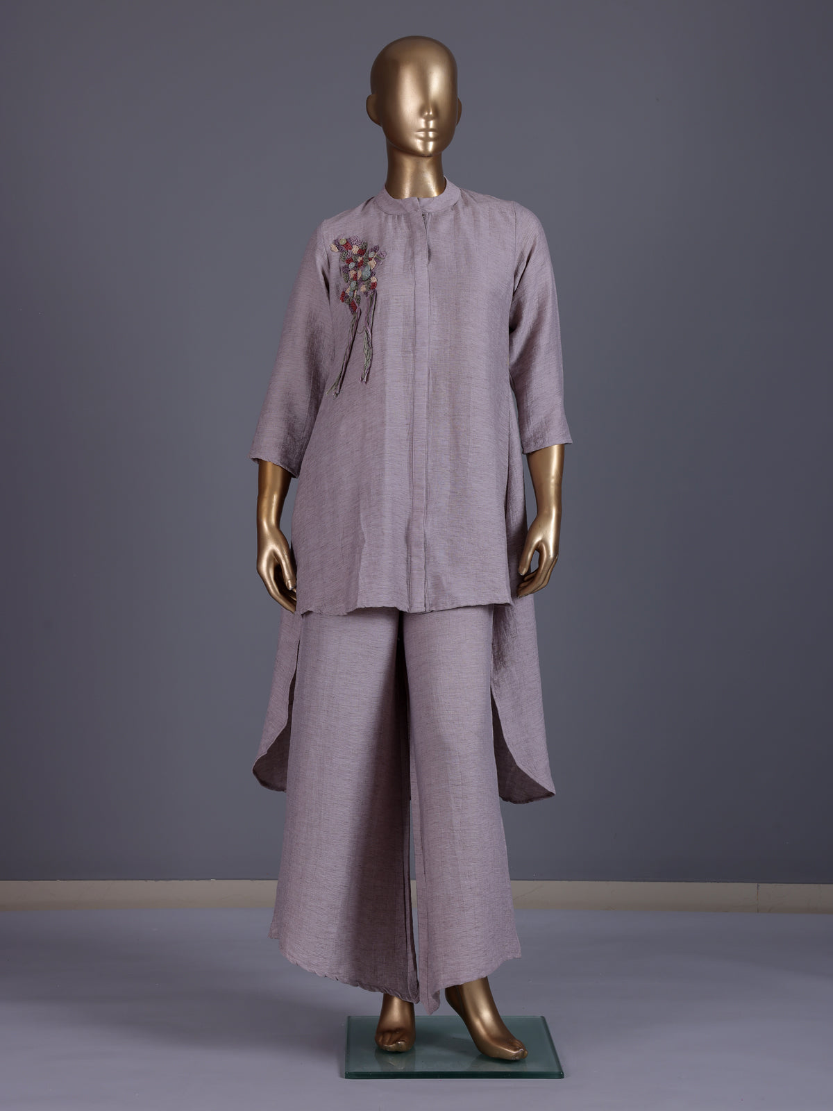 Purple embroidered cotton linen festive palazzo suit for women
