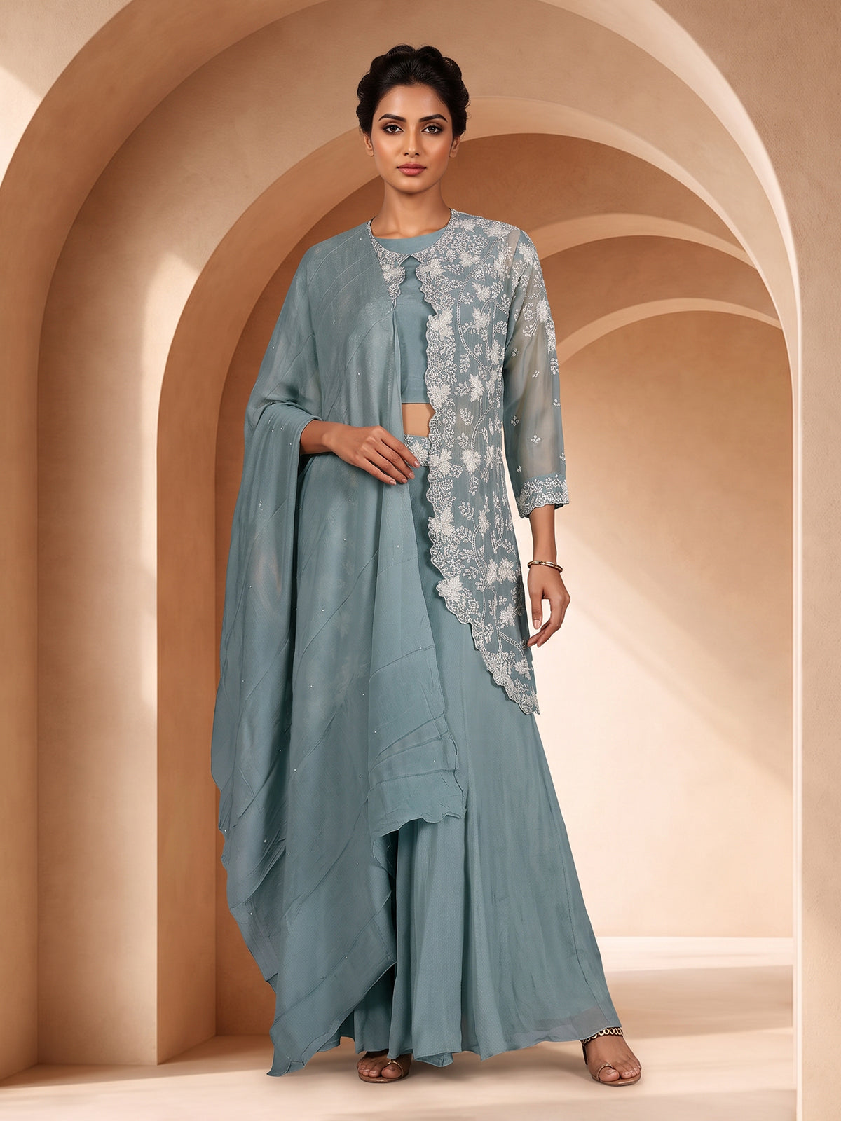 Grey embroidered shimmer silk palazzo suit