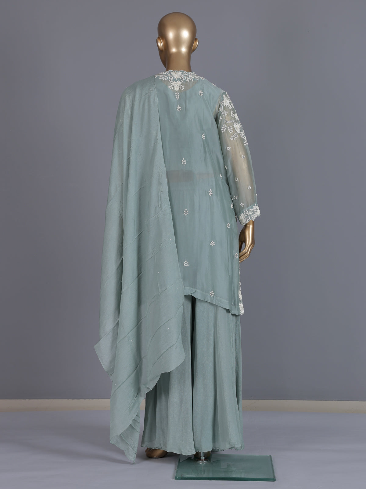 Grey embroidered shimmer silk palazzo suit