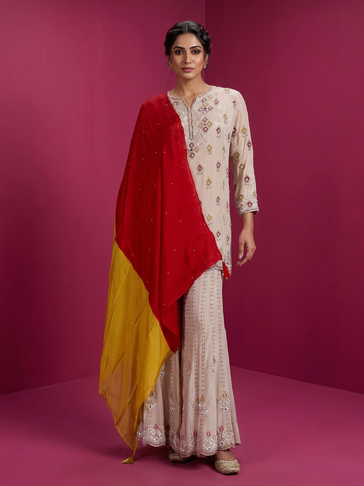 Beige embroidered tissue silk palazzo suit