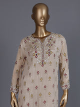 Beige embroidered tissue silk palazzo suit