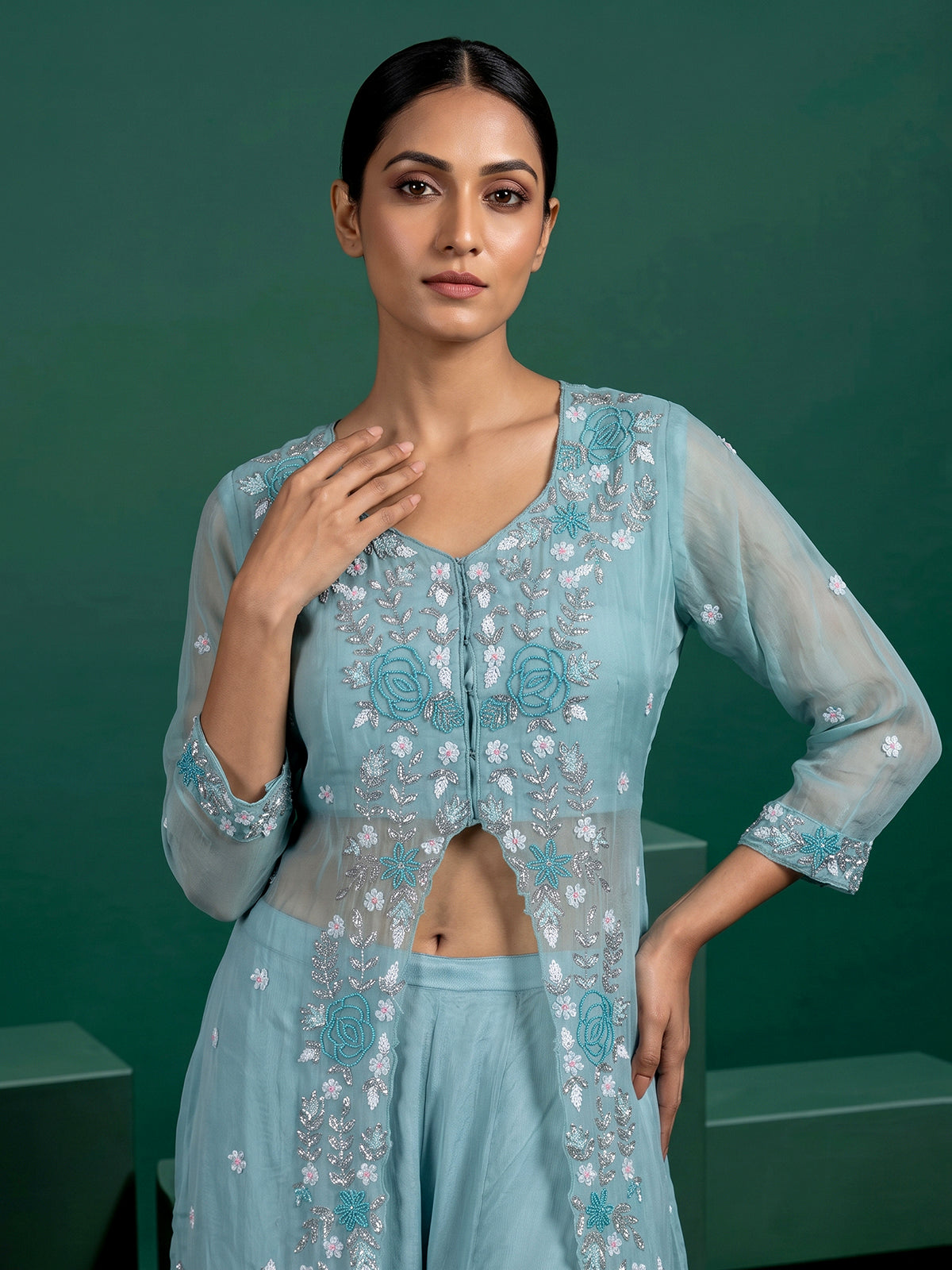 Sky blue embellished silk palazzo suit
