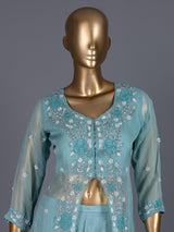 Sky blue embellished silk palazzo suit