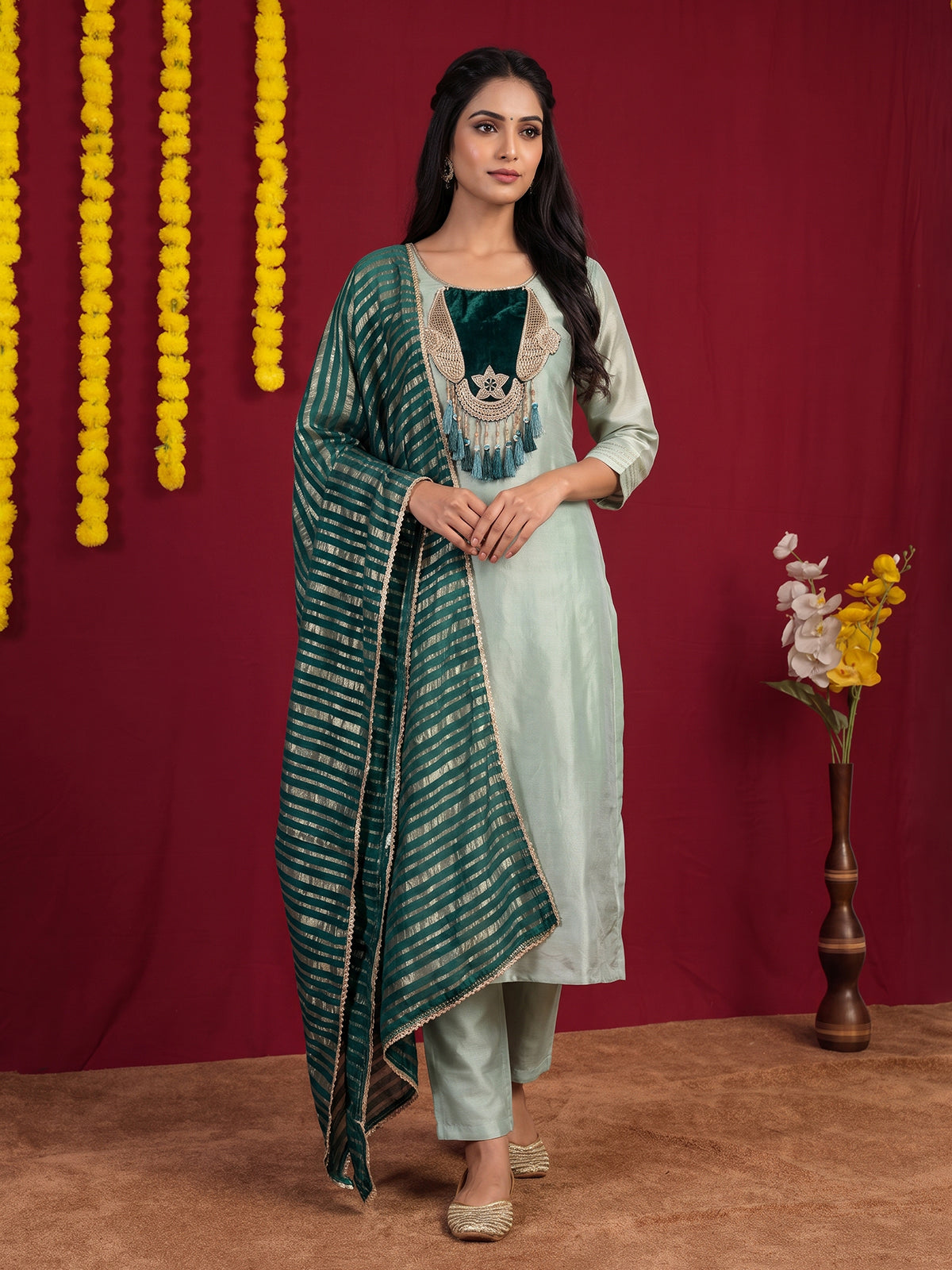 Green embroidered silk festive pant suit