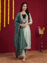 Green embroidered silk festive pant suit