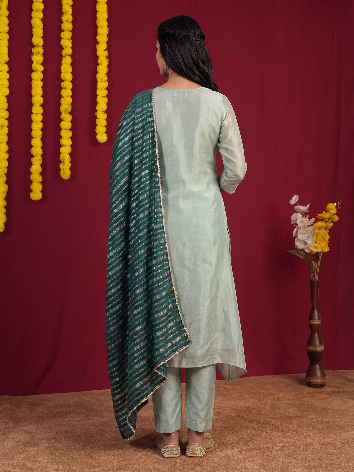 Green embroidered silk festive pant suit