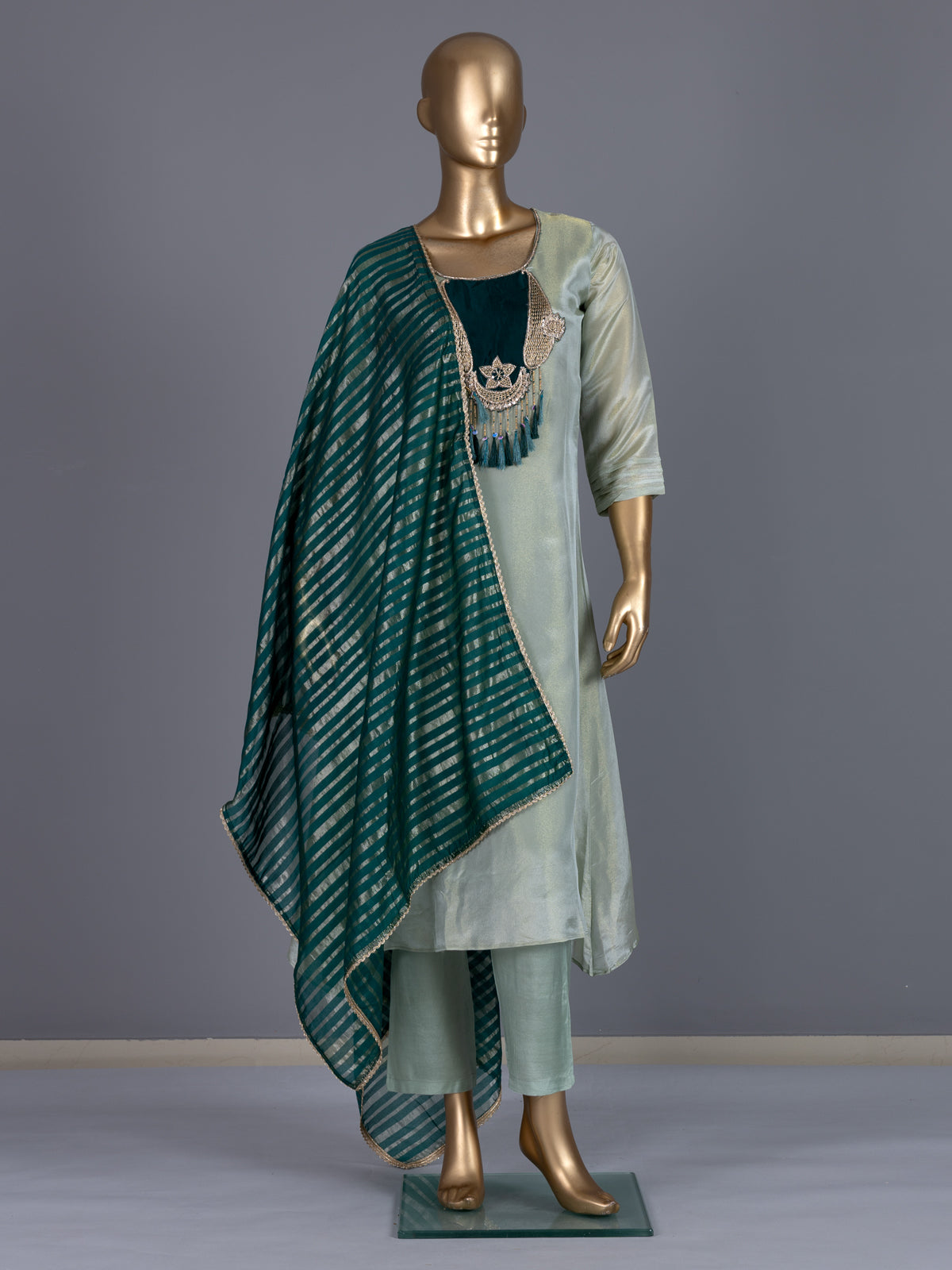 Green embroidered silk festive pant suit
