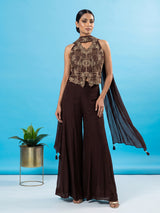Brown halter neck crepe silk palazzo suit