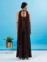 Brown halter neck crepe silk palazzo suit