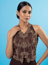 Brown halter neck crepe silk palazzo suit