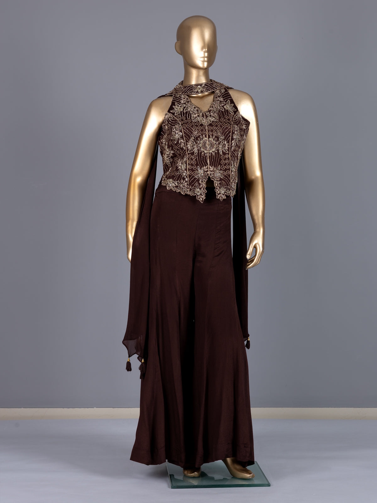 Brown halter neck crepe silk palazzo suit