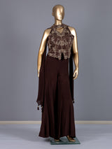 Brown halter neck crepe silk palazzo suit
