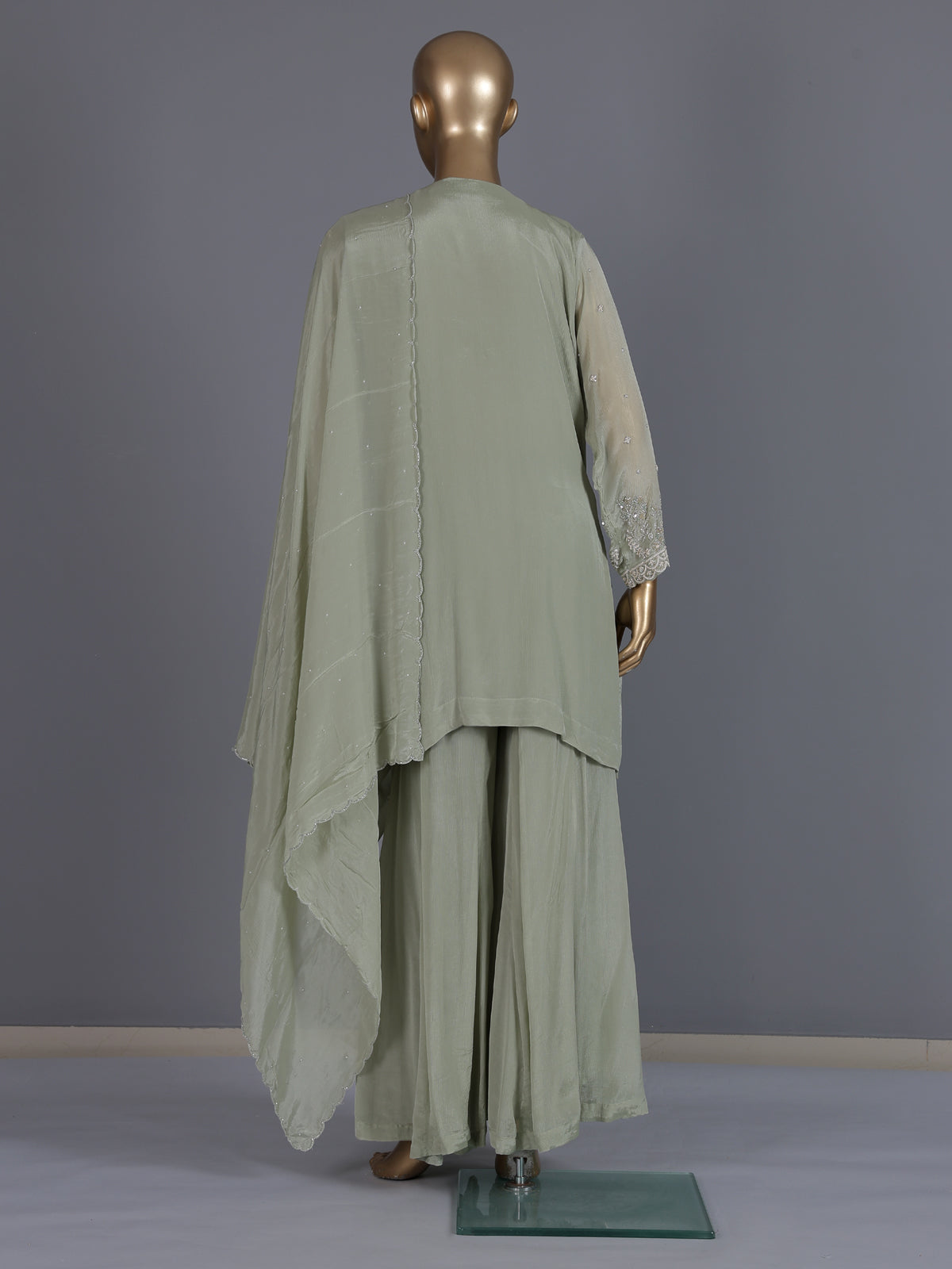 Pista green embroidered crepe silk palazzo suit