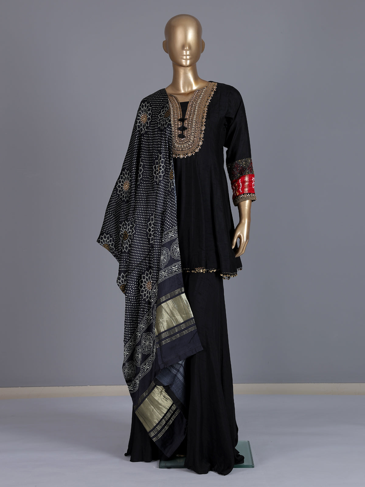 Black printed crepe silk palazzo suit