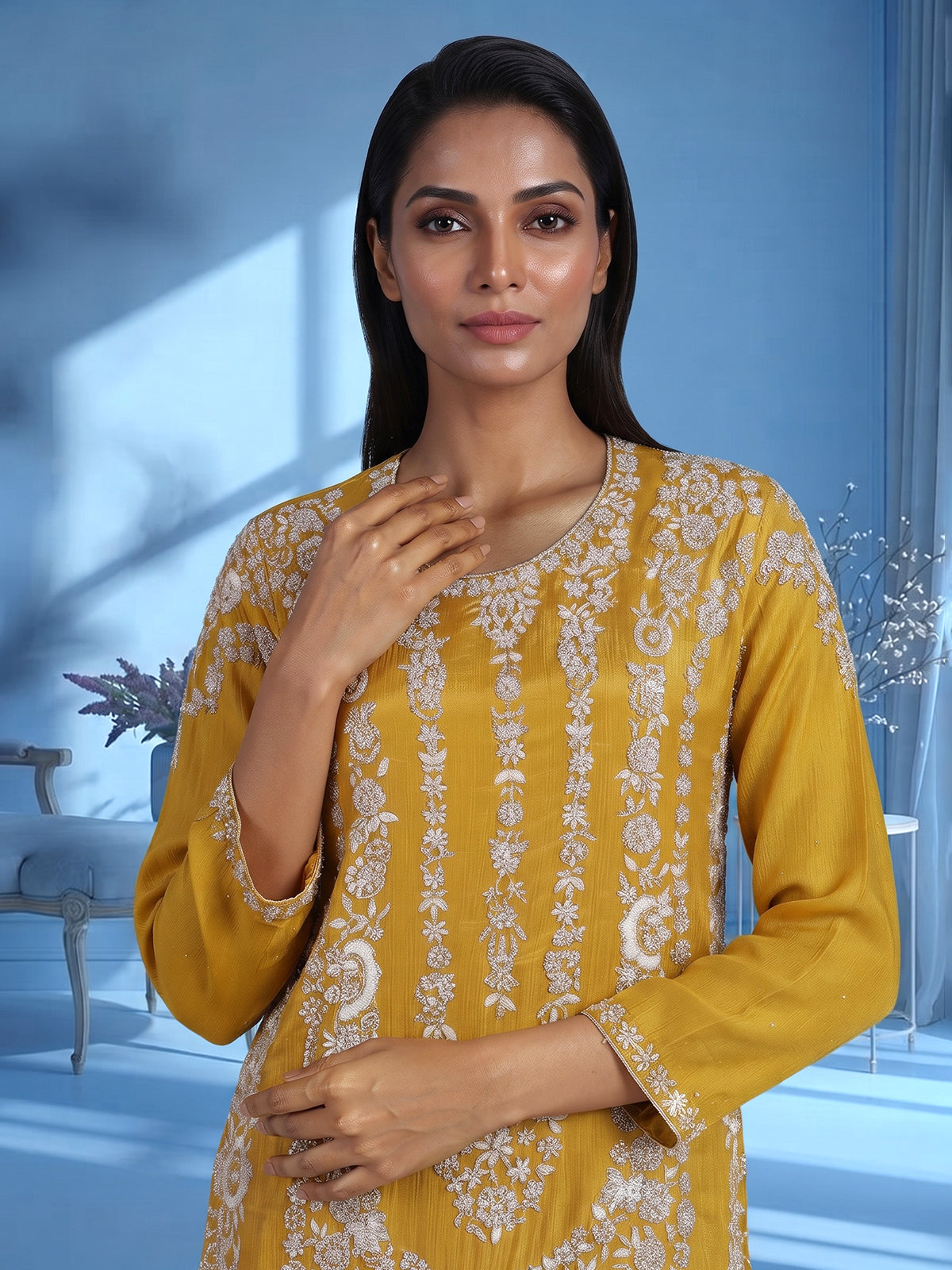 Yellow embroidered crepe silk palazzo suit