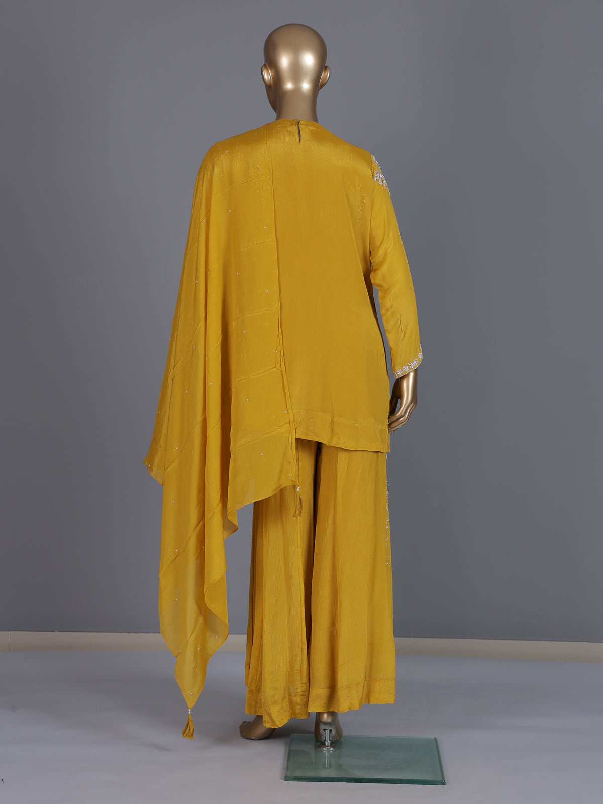 Yellow embroidered crepe silk palazzo suit