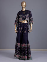 Navy silk designer jacket style sharara suit