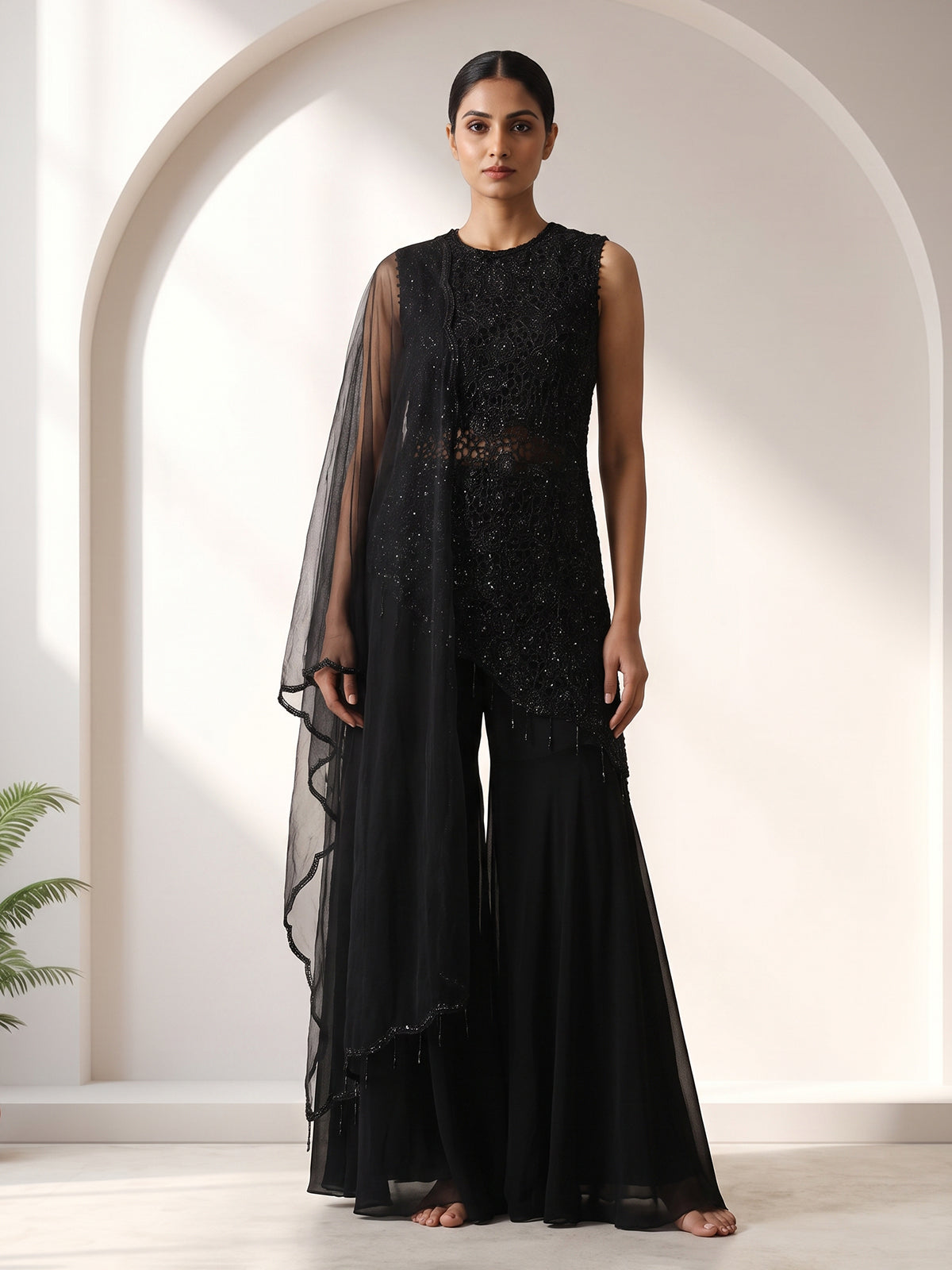 Black georgette silk embroidered palazzo suit