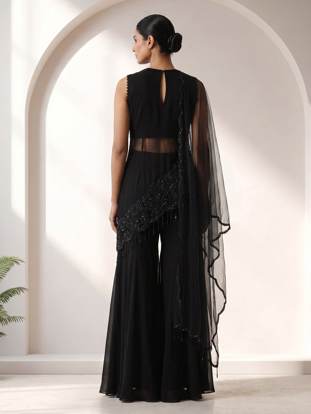 Black georgette silk embroidered palazzo suit