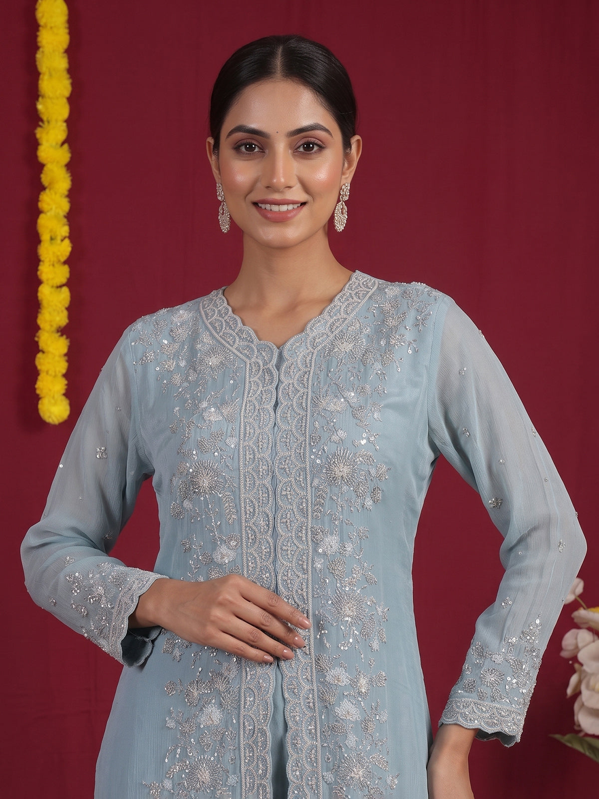 Sky blue shimmer crepe silk festive sharara suit
