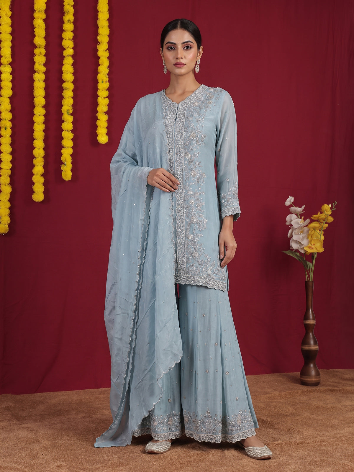 Sky blue shimmer crepe silk festive sharara suit