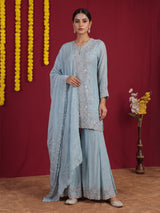 Sky blue shimmer crepe silk festive sharara suit