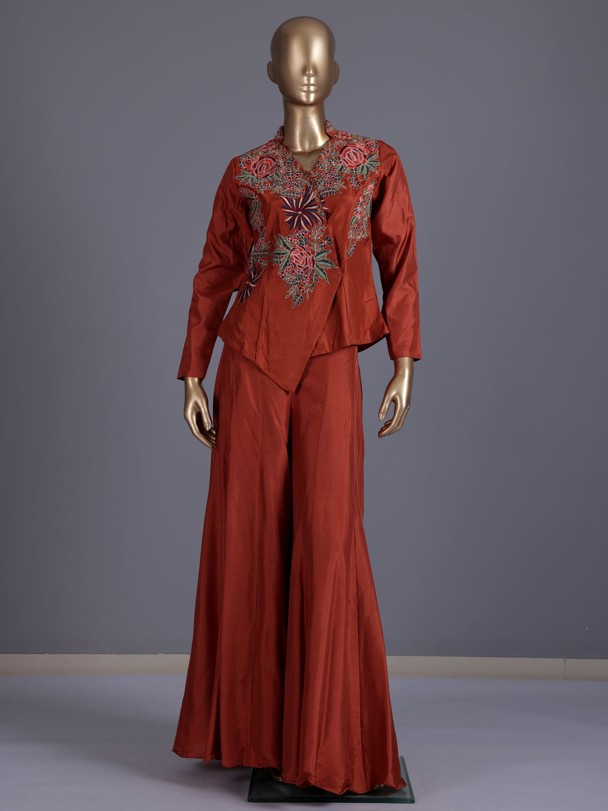 Rust embroidered indo western sharara style suit