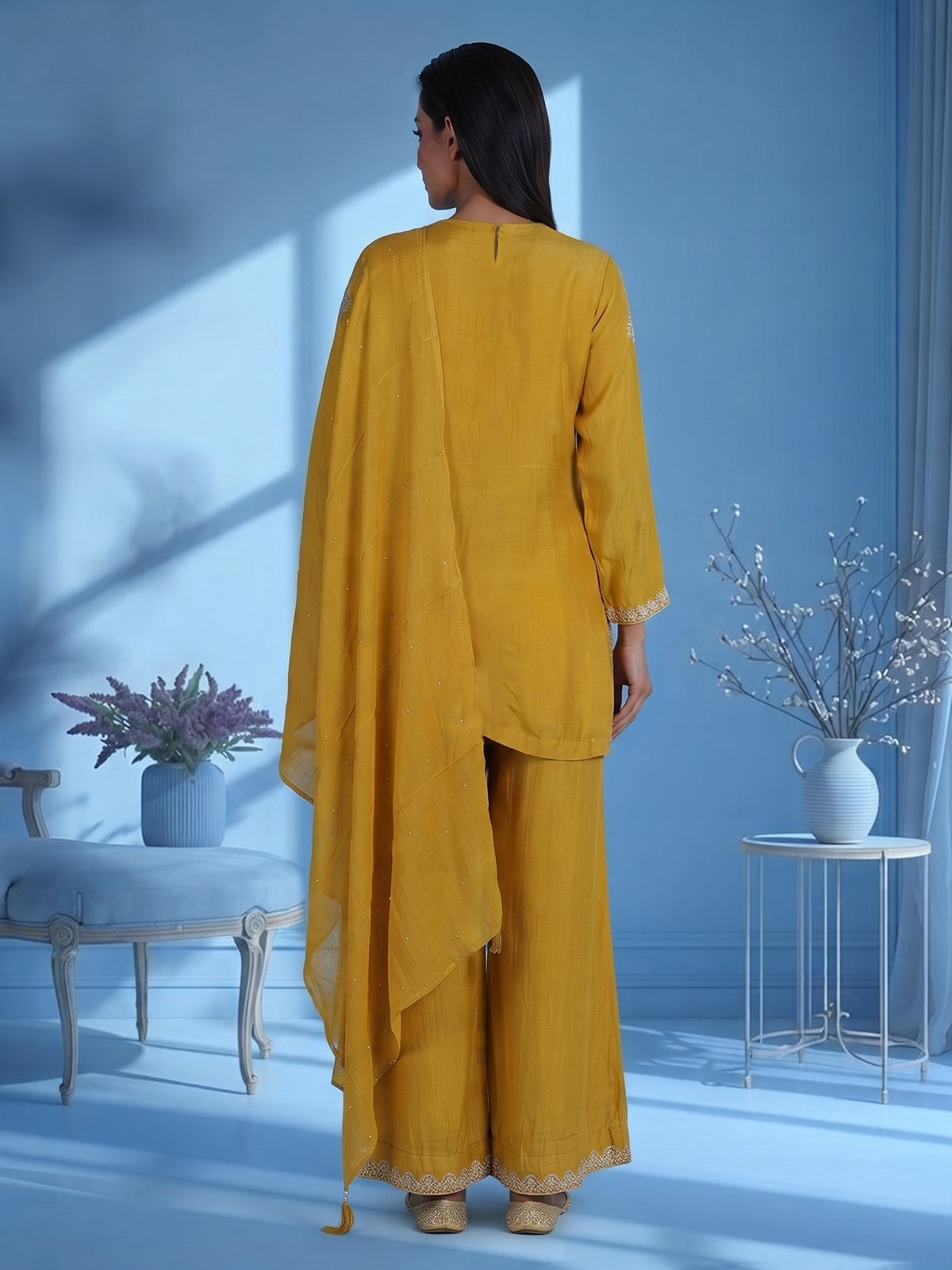 Yellow embroidered crepe silk palazzo suit