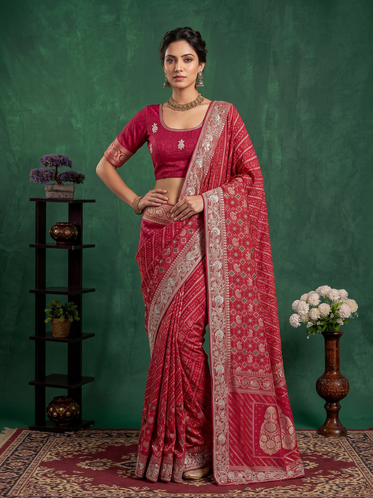 Pink bandhani dola silk bridal festive saree design
