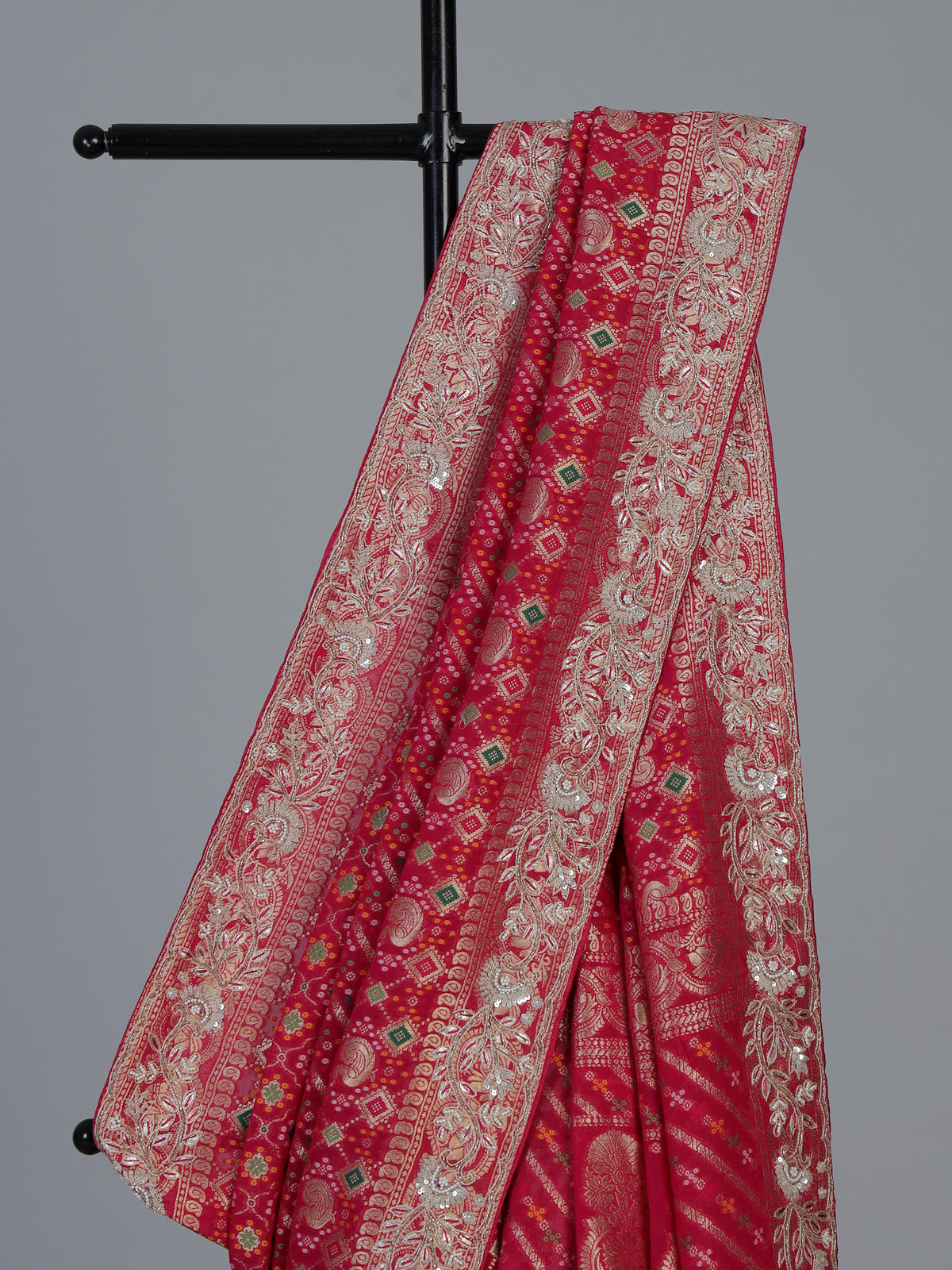 Pink bandhani dola silk bridal festive saree design