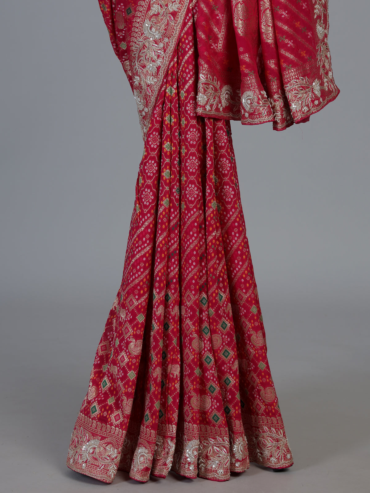 Pink bandhani dola silk bridal festive saree design
