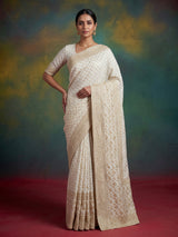 White luxurious dola silk embroidered festive saree drape